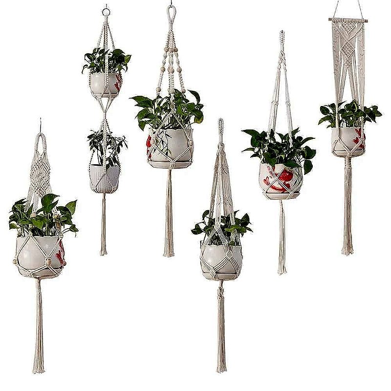 Bohemian Macrame Plant Hanger with Mesh-Lined Basket |
