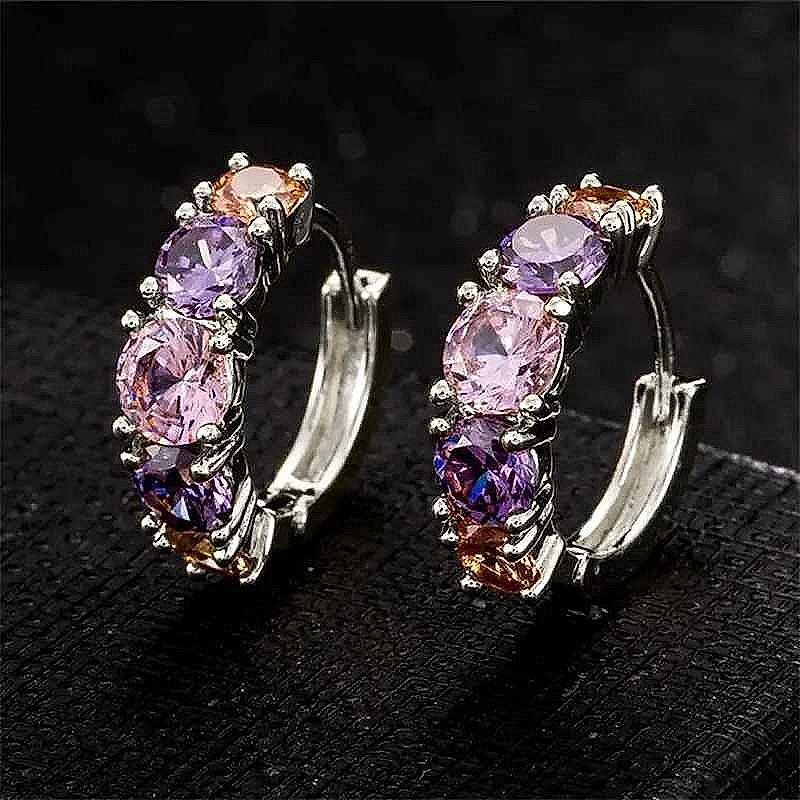 Colorful CZ Hoop Earrings in Pink & Purple