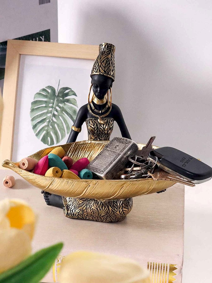 Handcrafted African Girl Holding a Plate Sculpture