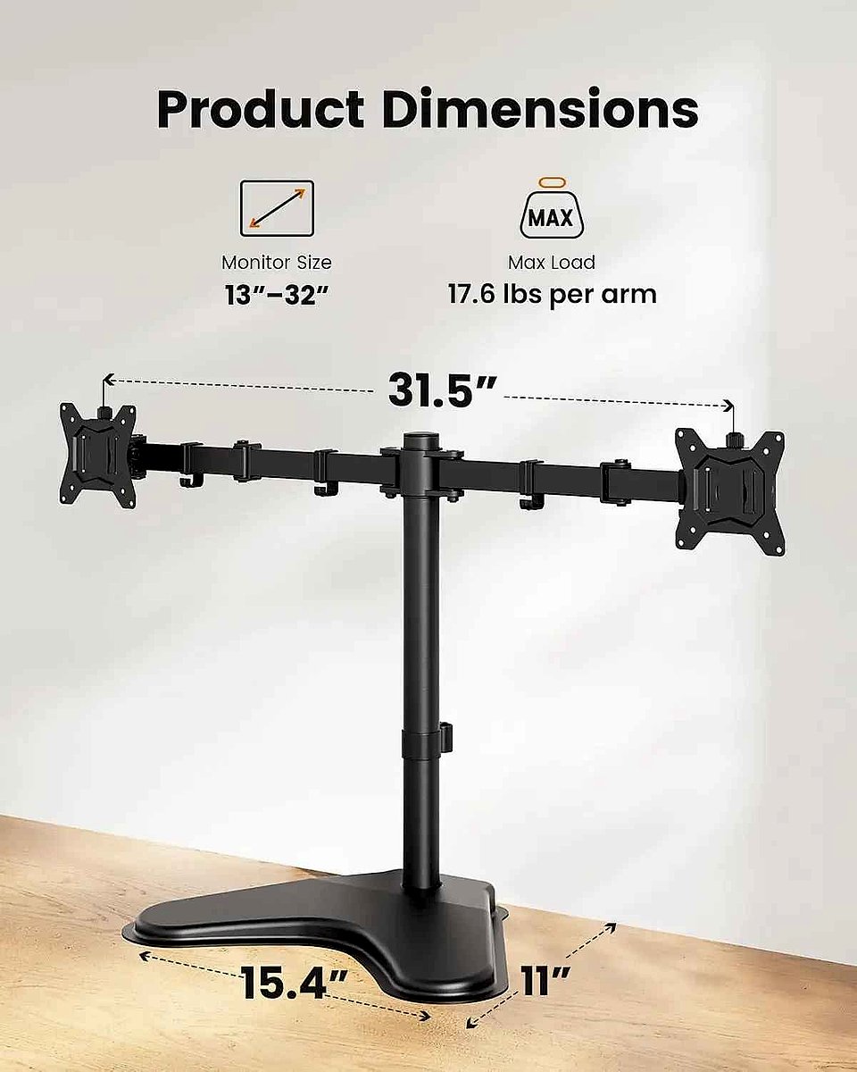 Dual monitor stand holding two screens side by side with adjustable height arms and VESA mount detail | BigMoetsy