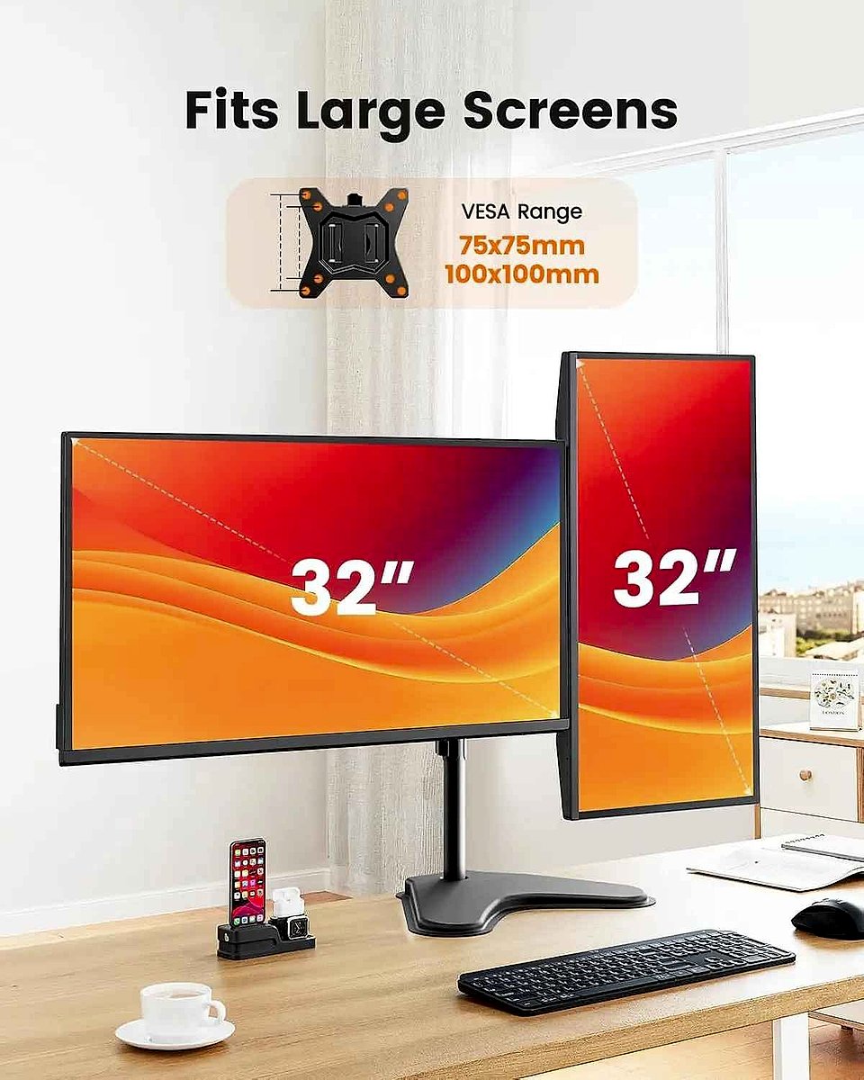 Dual monitor stand holding two screens side by side with adjustable height arms and VESA mount detail view | BigMoetsy
