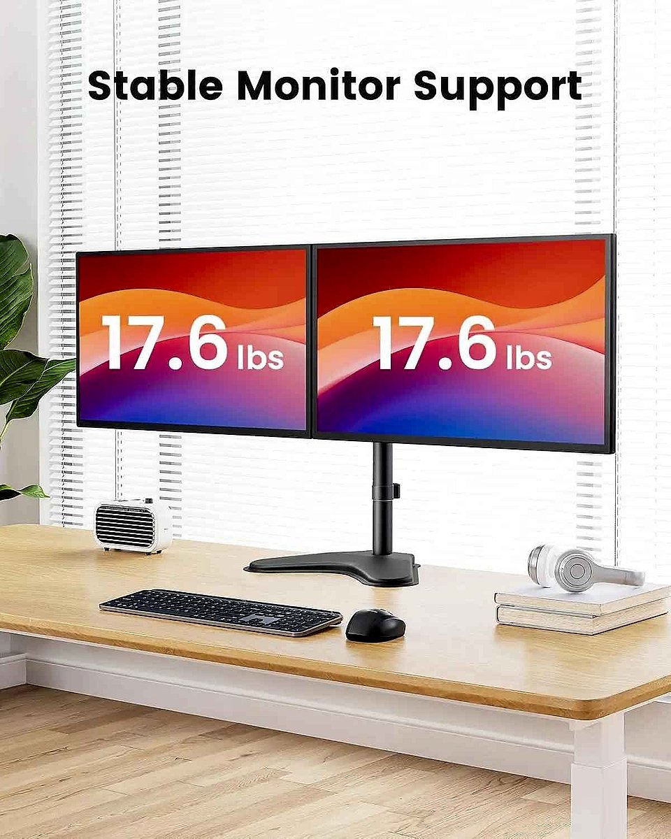 Dual monitor stand holding two screens side by side with adjustable height arms and VESA mount detail view | BigMoetsy