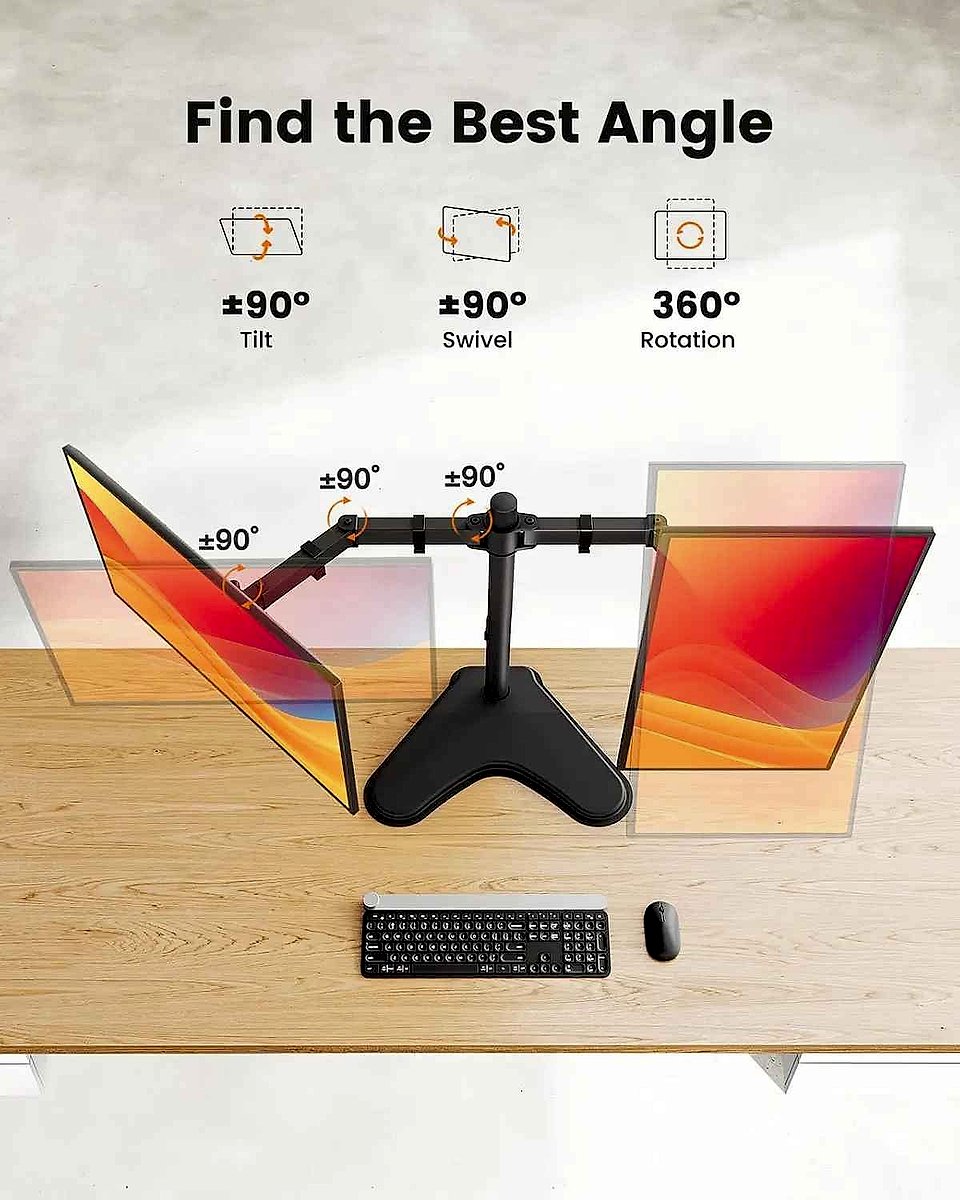 Dual monitor stand holding two screens side by side on clean desk, height adjustable VESA compatible setup | BigMoetsy