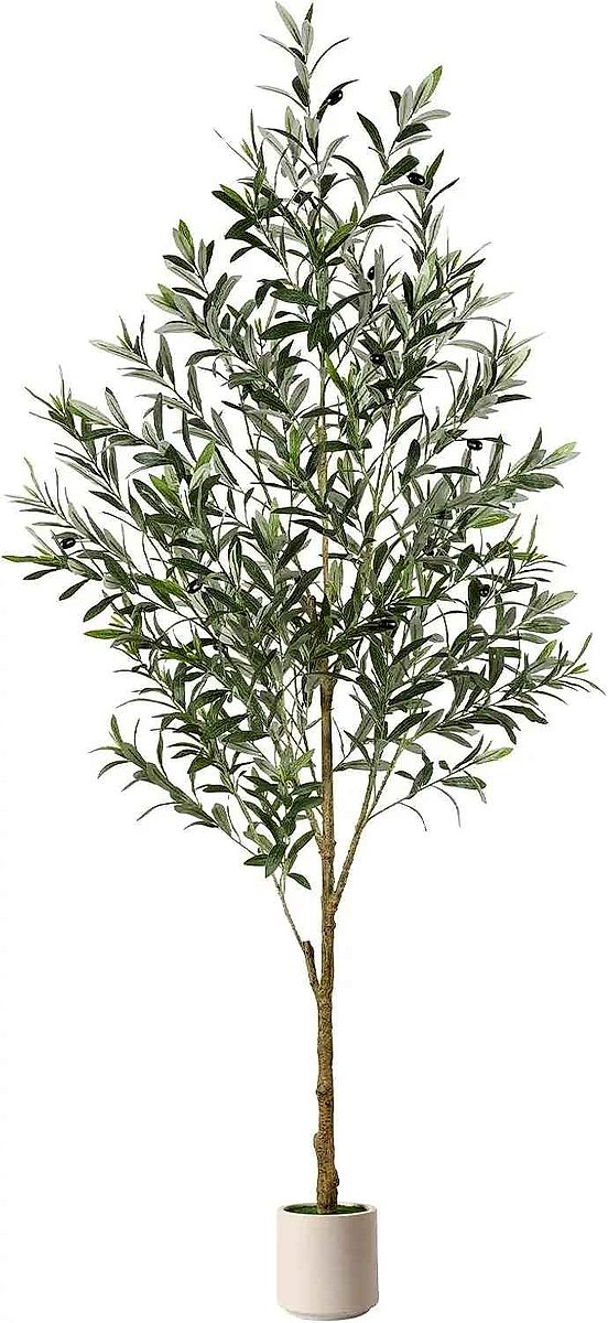 Realistic handcrafted 6FT silk olive tree in white planter close-up detail view for indoor decor | BigMoetsy
