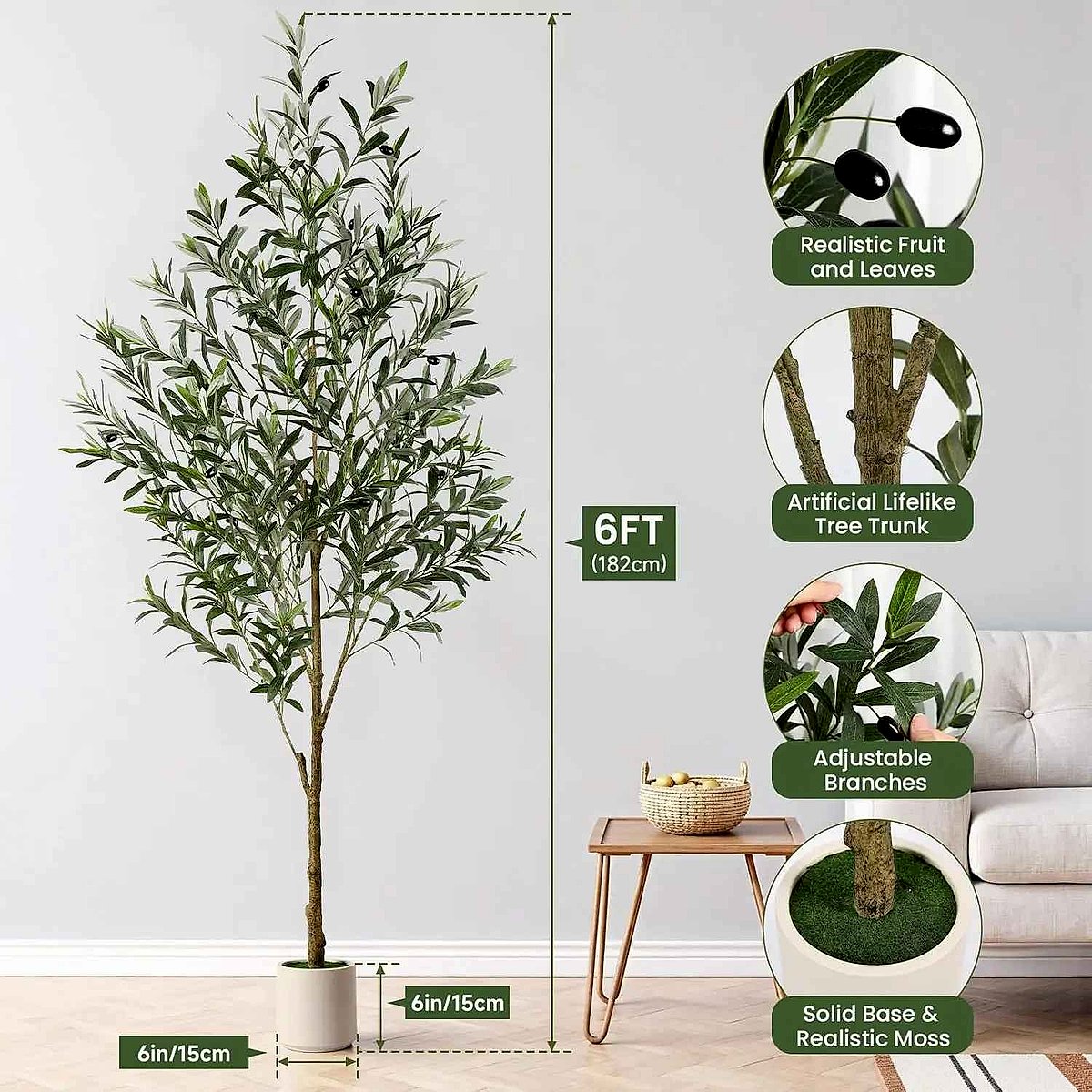 Realistic handcrafted 6FT silk olive tree in white planter close-up detail view for indoor decor | BigMoetsy