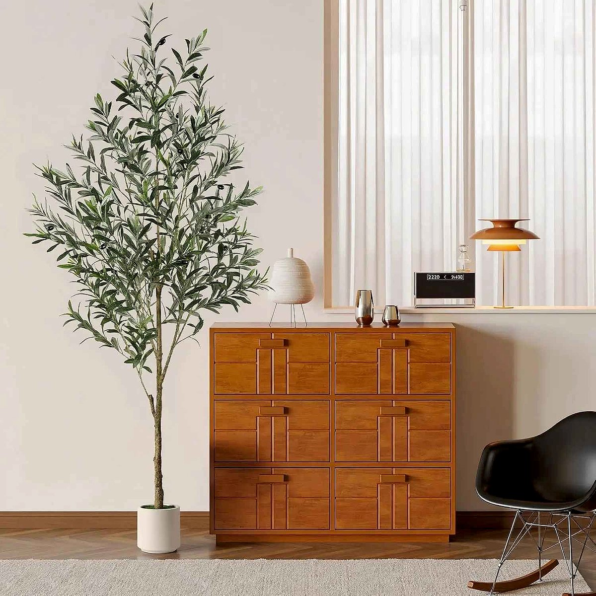 Realistic handcrafted 6FT silk olive tree in white planter bringing Mediterranean charm indoors | BigMoetsy