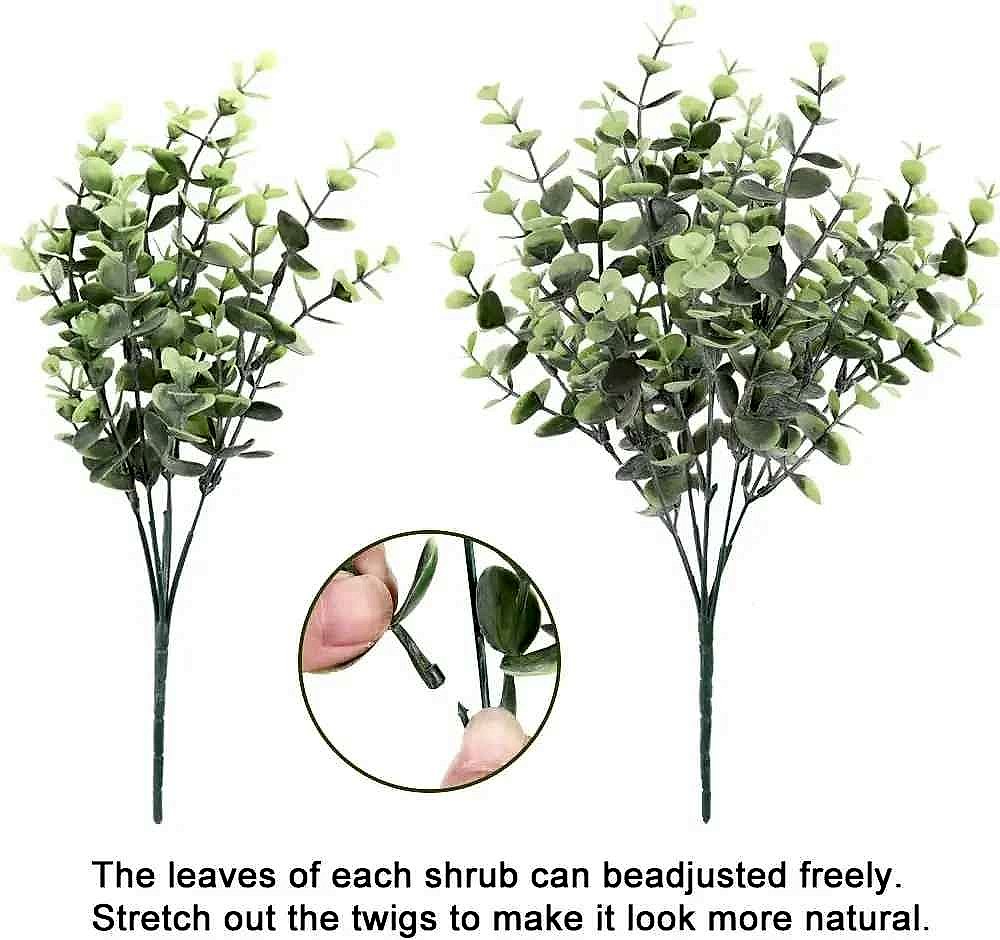 Realistic silk faux eucalyptus and boxwood stems from 10-piece set, handcrafted greenery detail close-up | BigMoetsy
