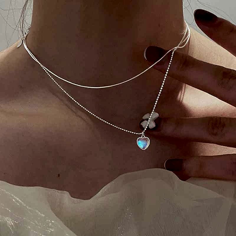 Handcrafted moonstone gradient love pendant clavicle necklace with vintage-style crystal layered elegance | BigMoetsy