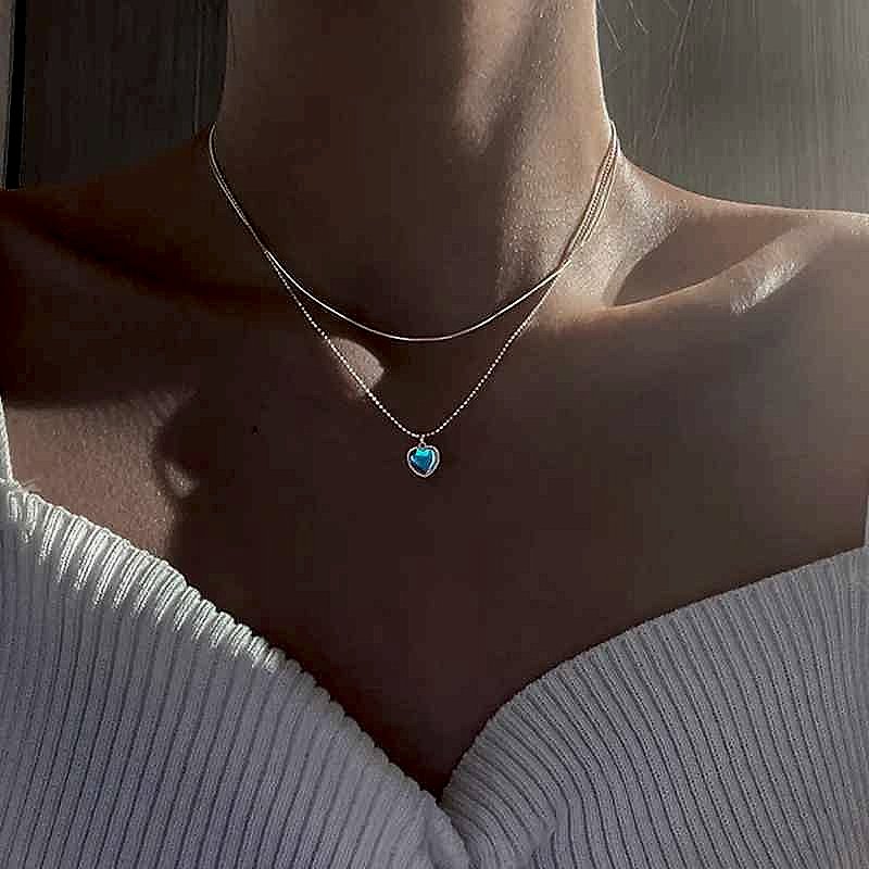 Handcrafted moonstone gradient love pendant clavicle necklace with vintage-style crystal layered elegance | BigMoetsy