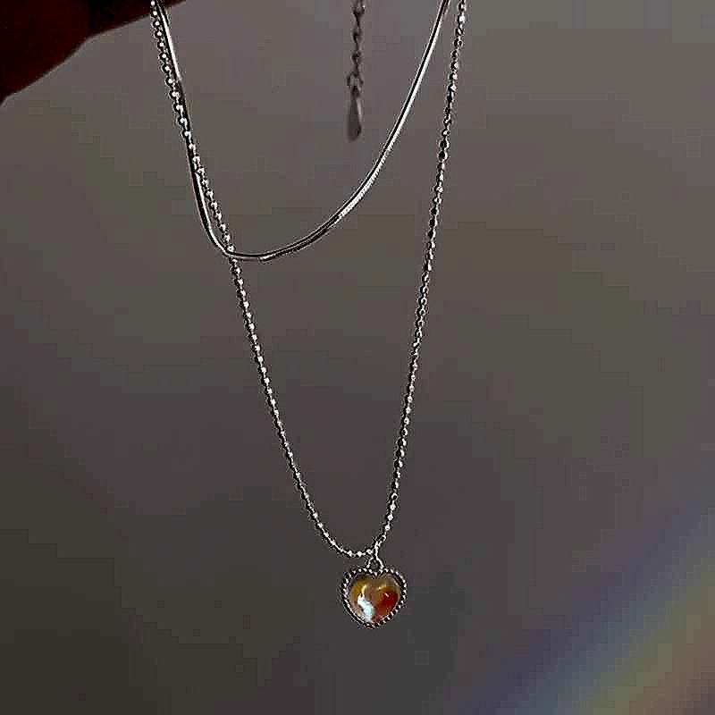 Handcrafted moonstone gradient love pendant clavicle necklace with vintage-style crystal layered detail | BigMoetsy