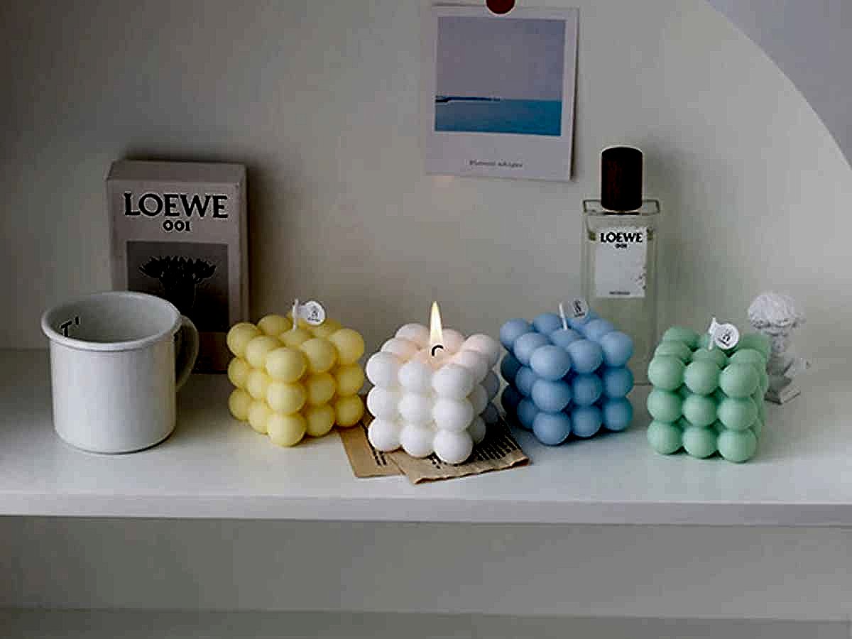 Handcrafted silk-realistic bubble cube soy wax scented candle set elevating home decor with artisan detail | BigMoetsy