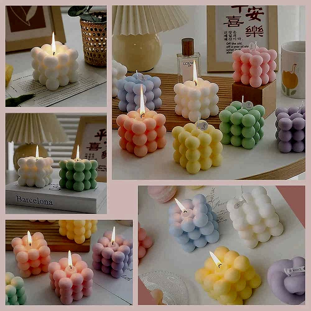 Handcrafted silk-realistic bubble cube soy wax scented candle set elevating home decor space | BigMoetsy