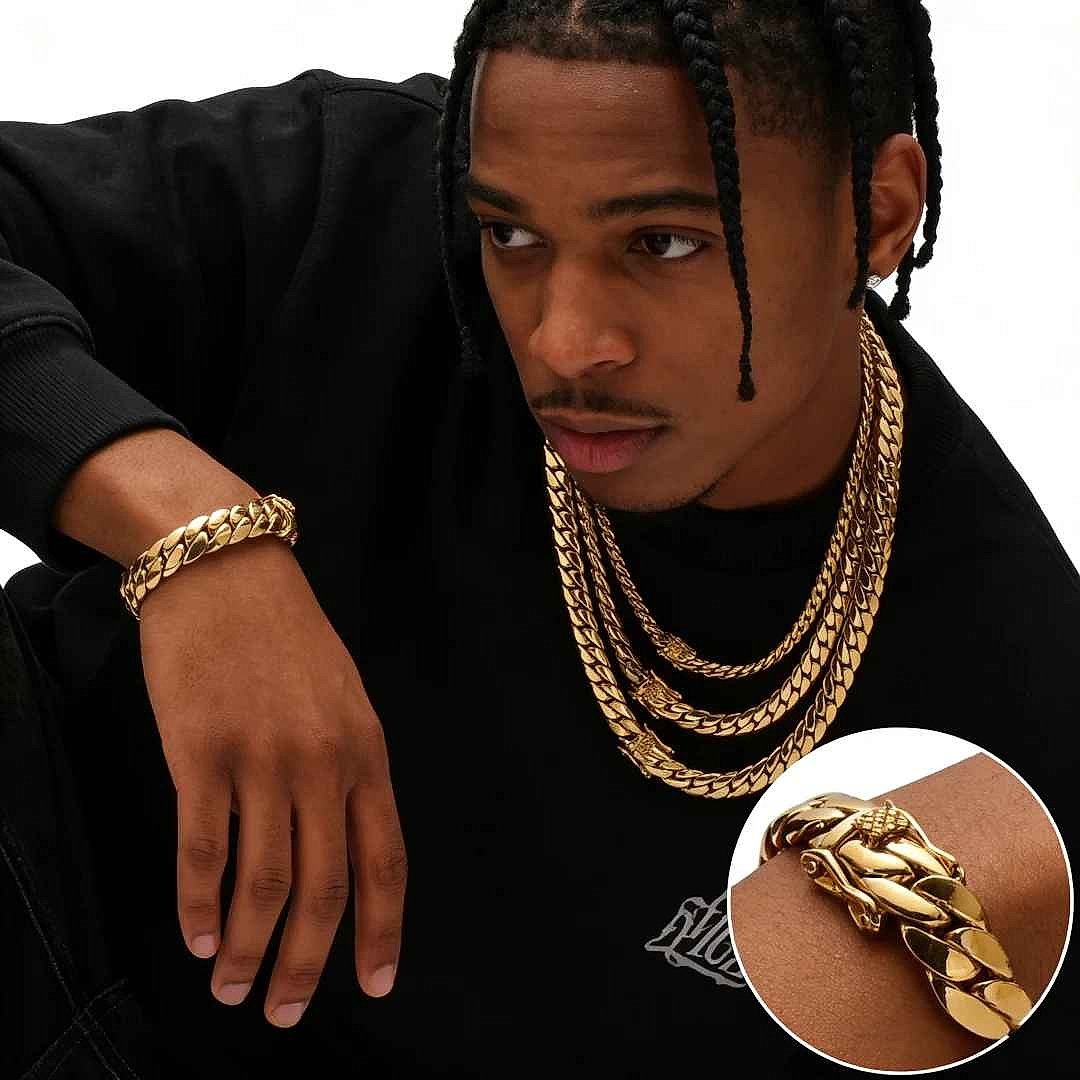 Handcrafted vintage-style Hip Hop Cuban Link Chain Necklace with crystal accents close-up detail view | BigMoetsy