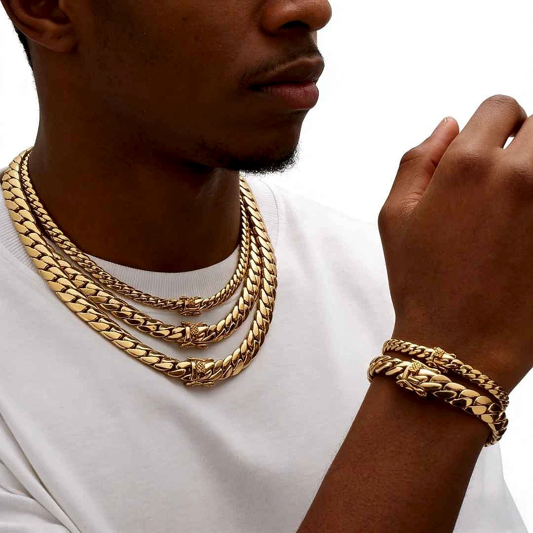 Handcrafted vintage-style Hip Hop Cuban Link Chain Necklace with crystal accents close-up detail view | BigMoetsy