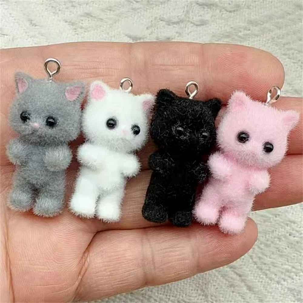 Kawaii 3D Fluffy Flocking Resin Cat Charms Set of 4