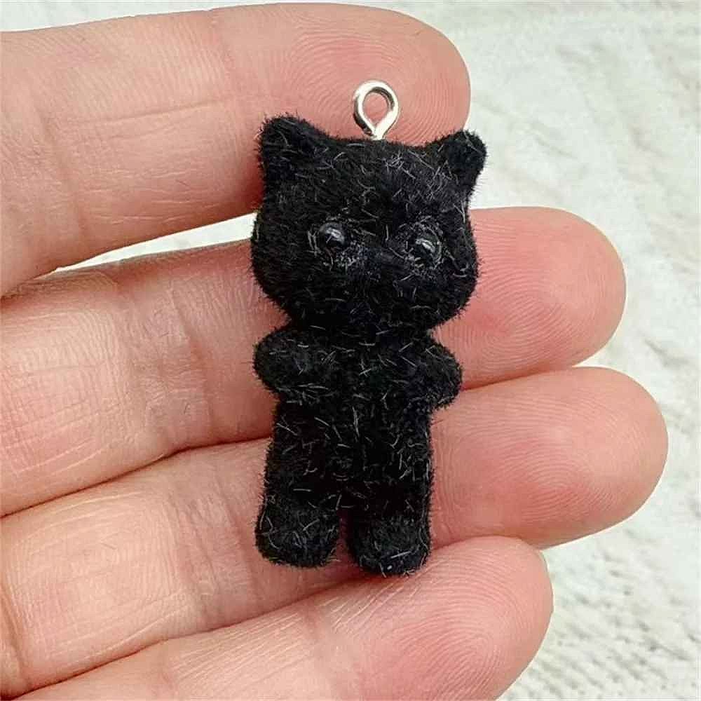 Kawaii flocking cat charms used as keychain and necklace pendants