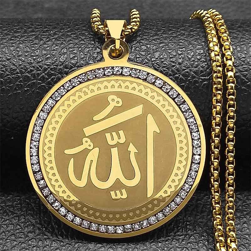Arabic Quran Allah rhinestone necklace in gold tone stainless steel