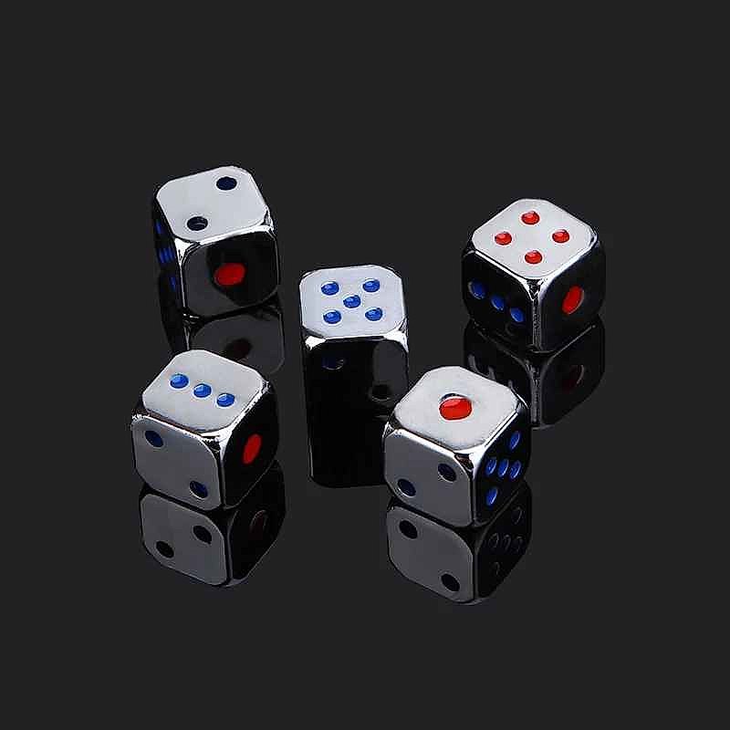 Metal dice for tabletop RPG showing silver finish with colorful pip numbers