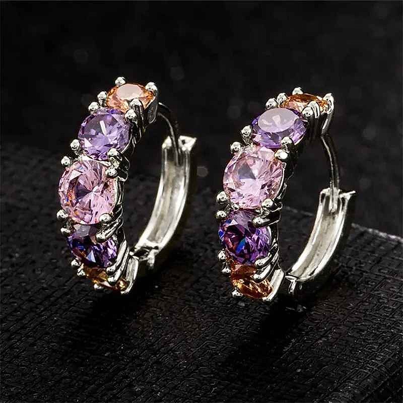 Colorful CZ Hoop Earrings in Pink & Purple