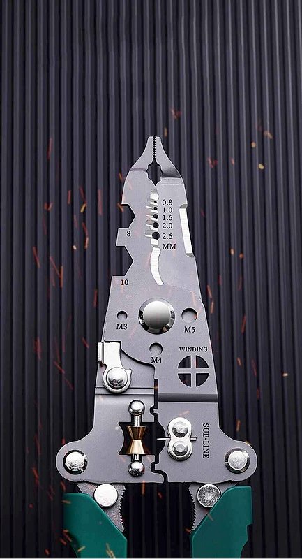 Wire stripper multi-tool showing cable cutter and crimper