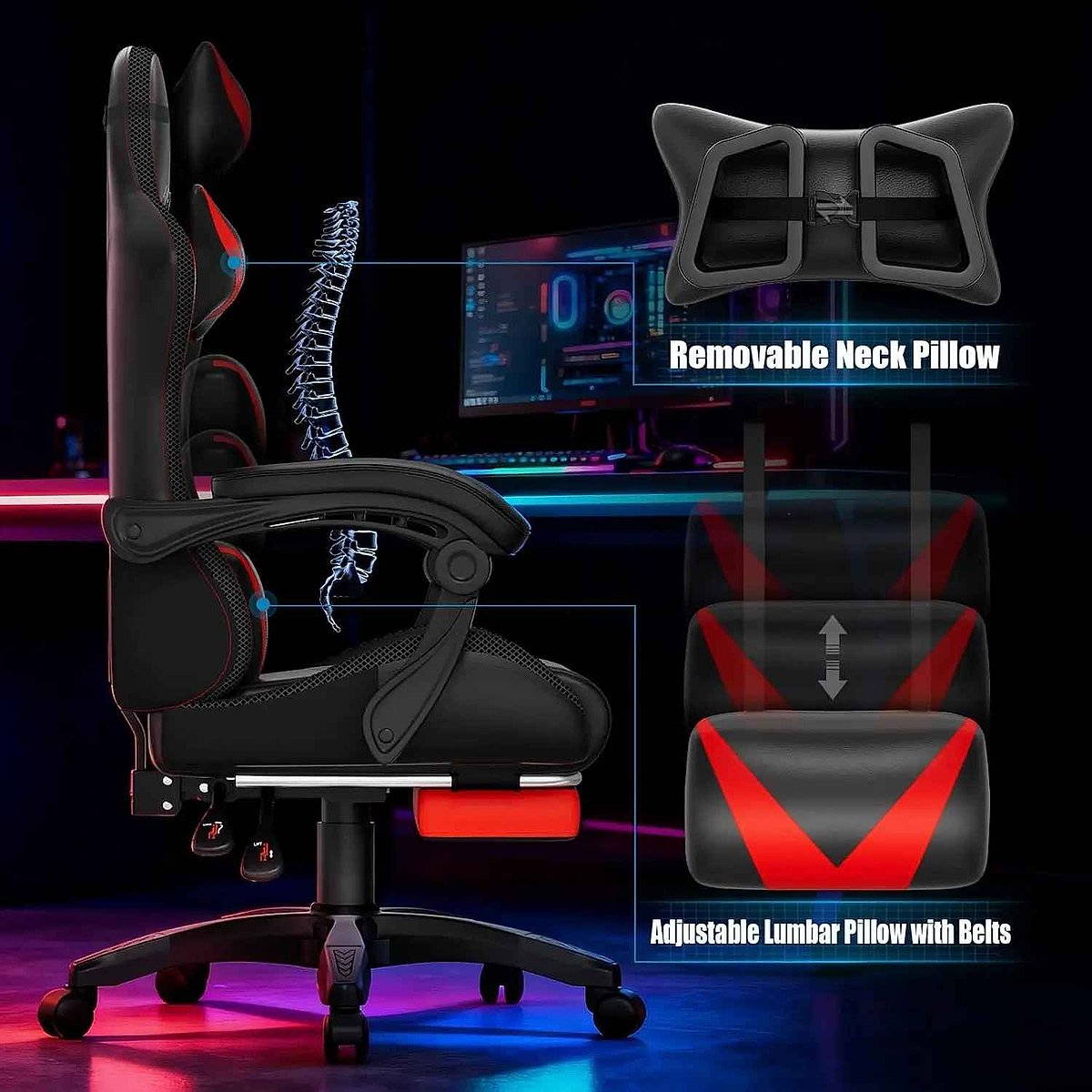 Ergonomic Finally Sit Comfortably Through Every Session — Racing Style RGB Gaming Chair... - View 7 of 9 | BigMoetsy