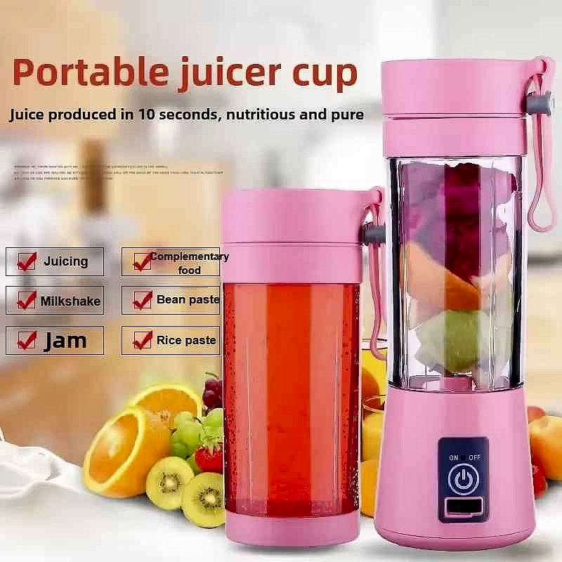 Portable USB Electric Juicer Cup shown in use blending fresh fruit on the go, no outlet needed | BigMoetsy