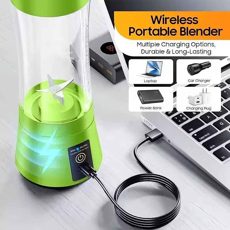 Portable USB Electric Juicer Cup shown in use blending fresh fruit on the go, no outlet needed | BigMoetsy