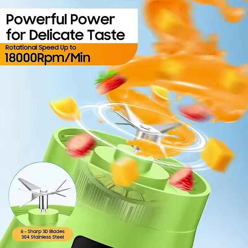 Portable USB Electric Juicer Cup shown in use blending fresh fruit on the go, no outlet needed | BigMoetsy