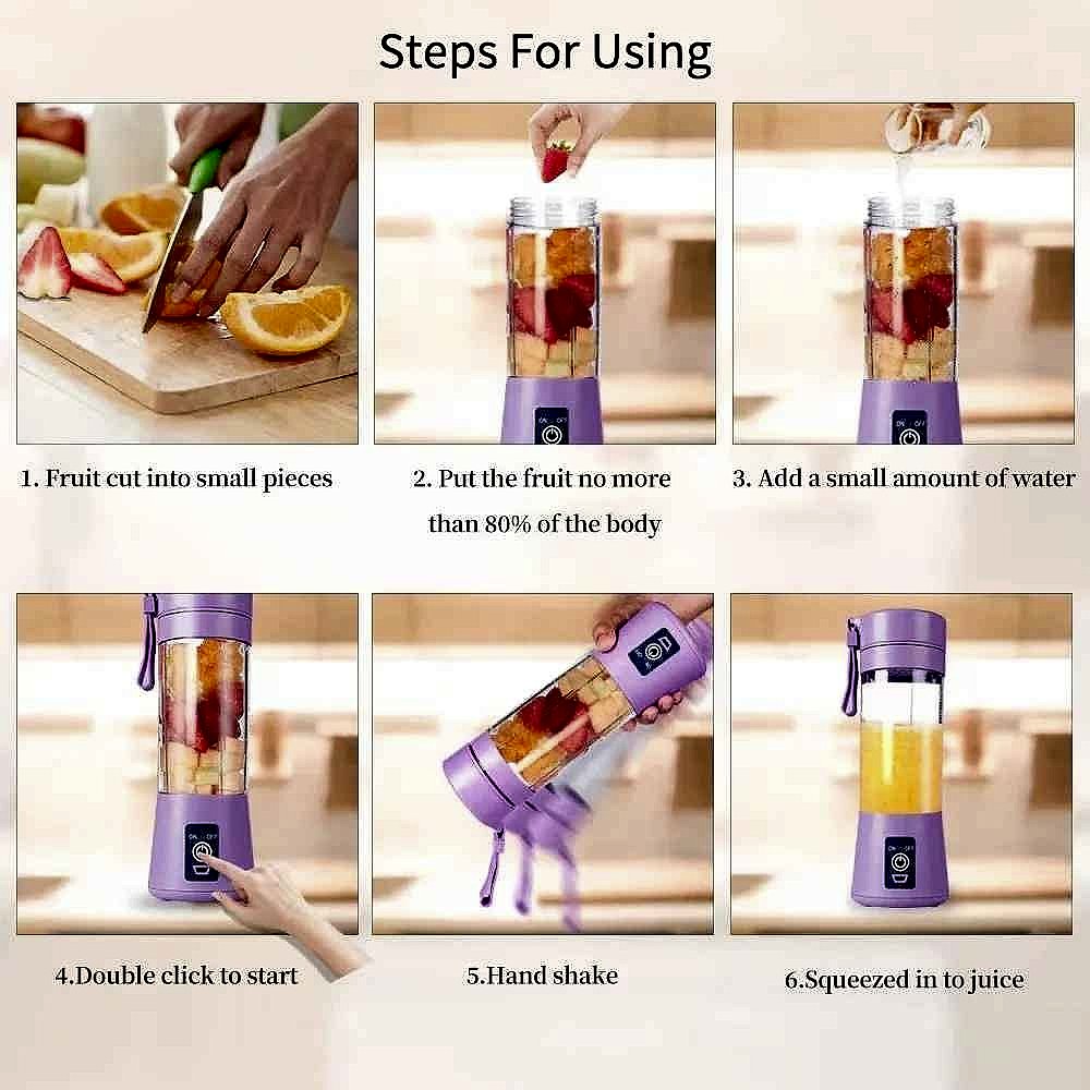 Portable USB Electric Juicer Cup shown in use blending fresh fruit on the go, no outlet needed | BigMoetsy