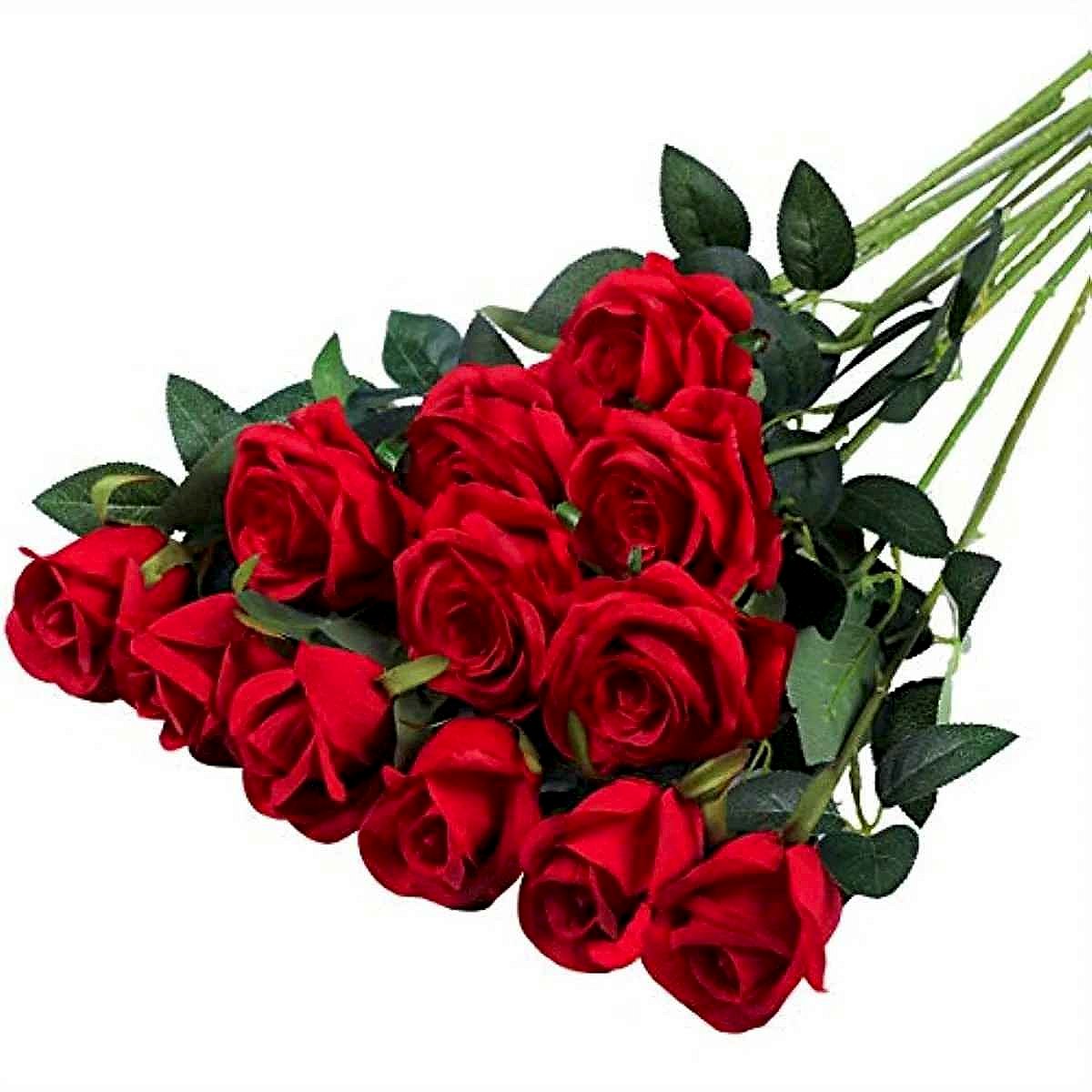 Handcrafted realistic silk artificial rose bouquet close-up detail view, 12-piece zero maintenance blooms | BigMoetsy