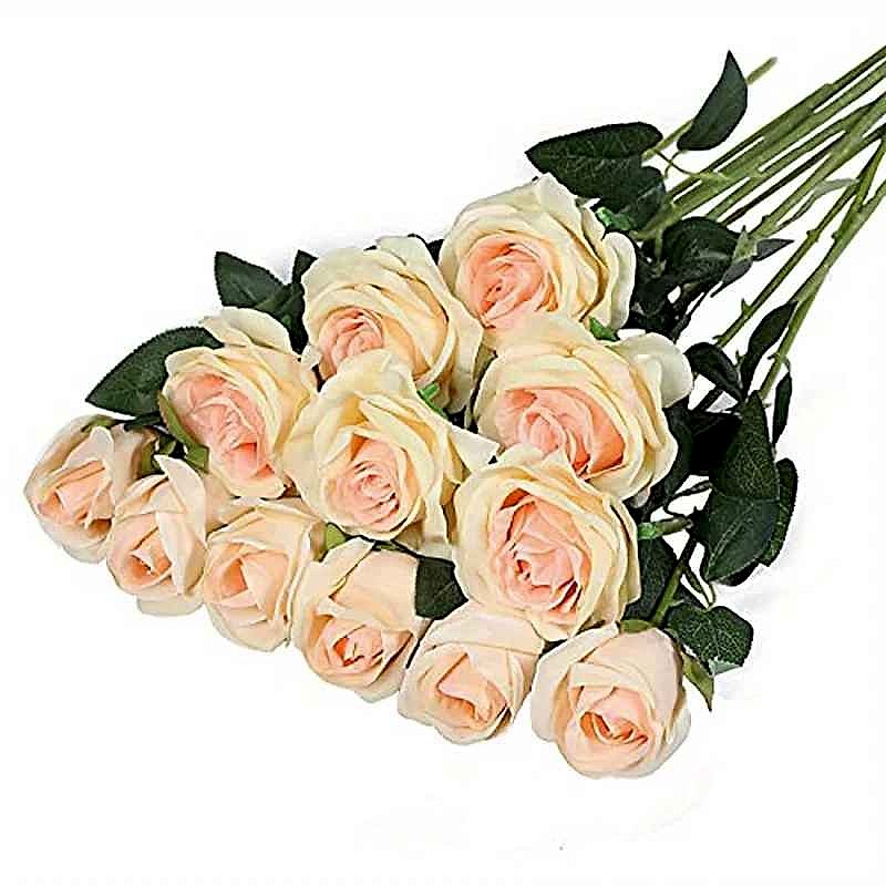 Handcrafted realistic silk artificial rose bouquet in full bloom, 12-piece zero maintenance home decor arrangement | BigMoets