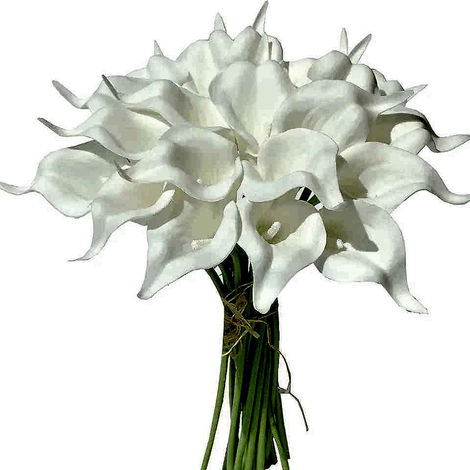 Realistic silk calla lily artificial bouquet 20-piece real touch handcrafted floral arrangement close-up view | BigMoetsy
