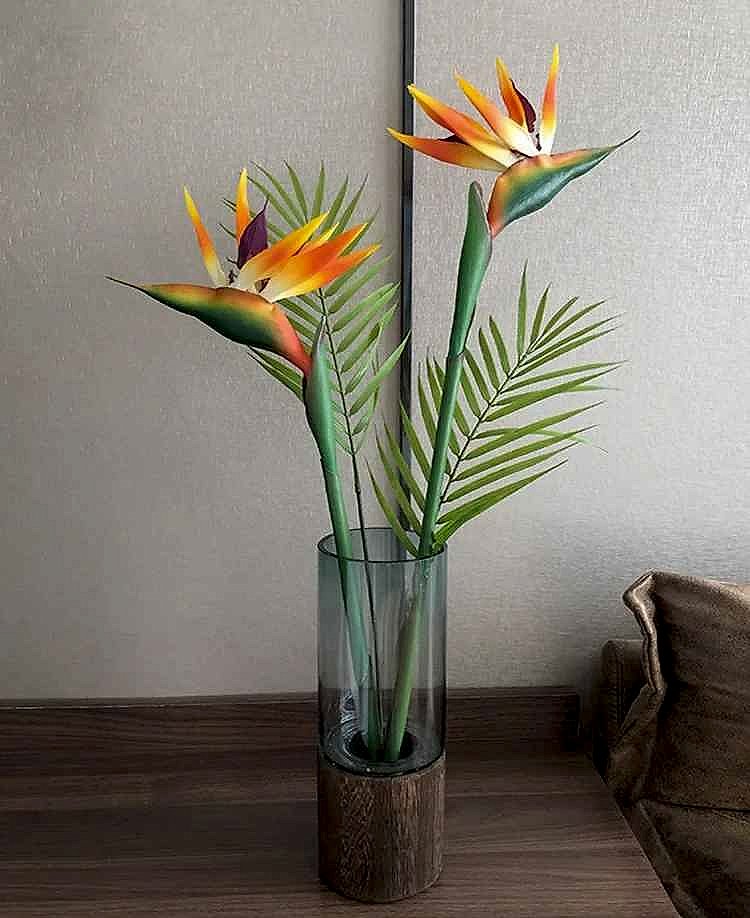 Realistic silk handcrafted Bird of Paradise artificial potted plant in home corner decor setting | BigMoetsy