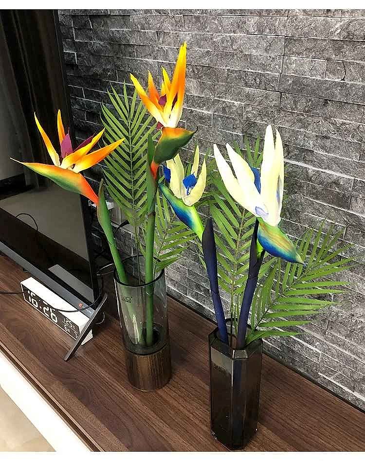 Realistic silk handcrafted Bird of Paradise artificial potted plant in home corner decor setting | BigMoetsy