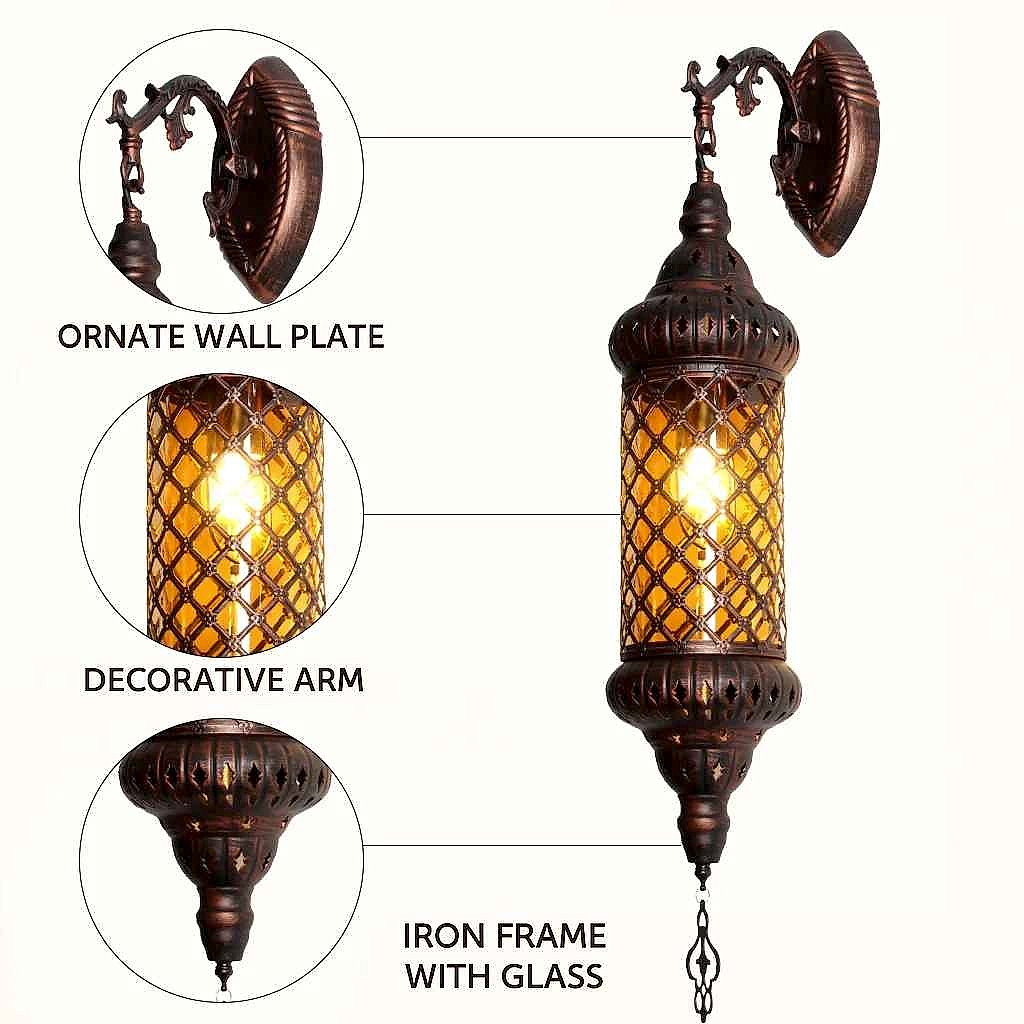 Handcrafted Moroccan Arabesque Glass and Iron Wall Lamp