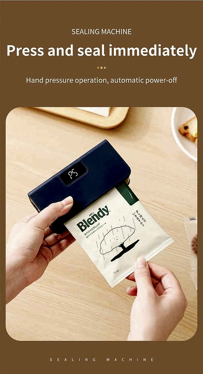 Rechargeable handheld heat sealer shown sealing a snack bag keeping food fresh and airtight | BigMoetsy