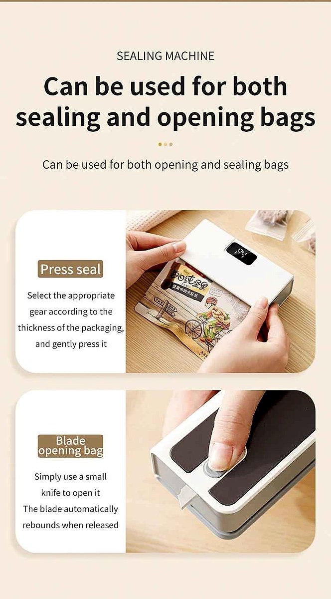 Rechargeable handheld heat sealer shown sealing a snack bag keeping food fresh and airtight | BigMoetsy