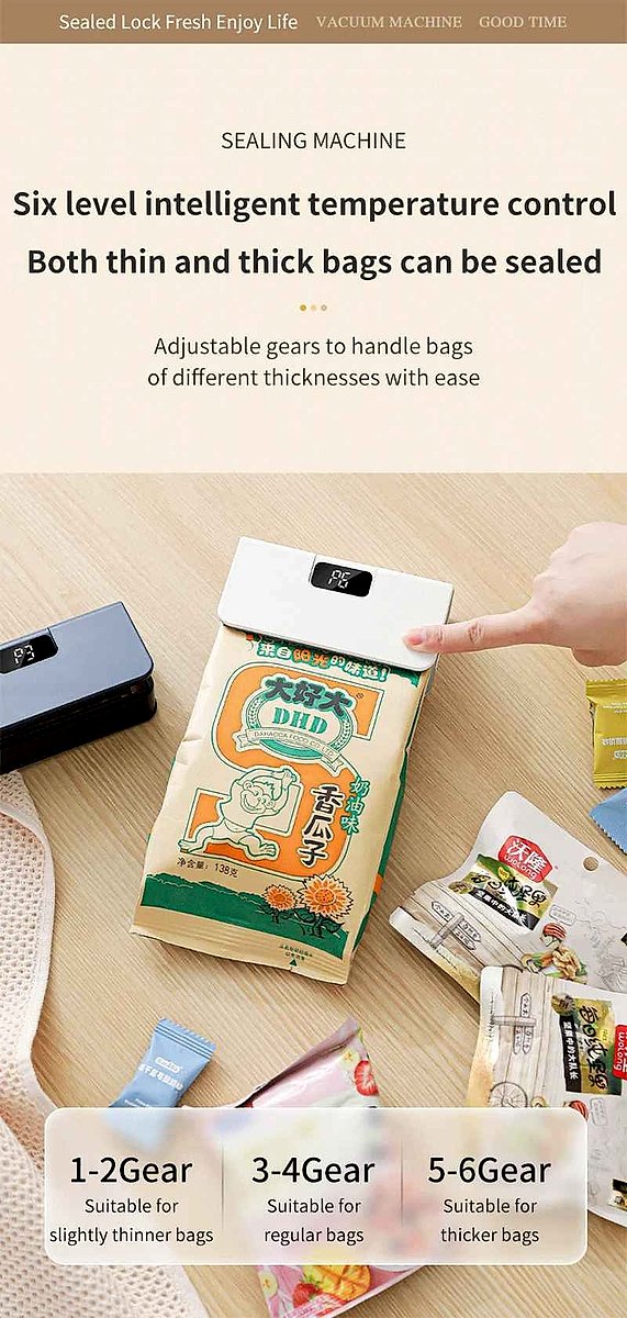 Rechargeable handheld heat sealer keeping snacks fresh, compact portable design shown in use sealing a bag | BigMoetsy
