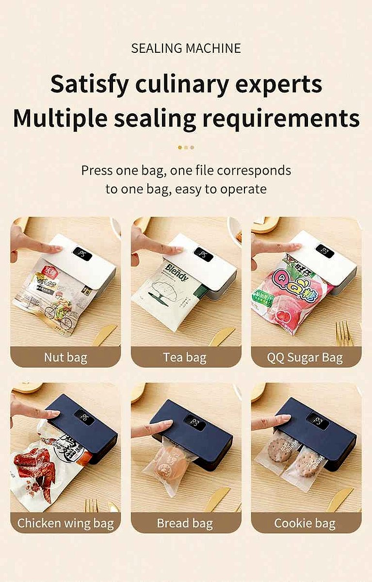Rechargeable handheld heat sealer keeping snacks fresh, compact portable design shown in use sealing a bag | BigMoetsy