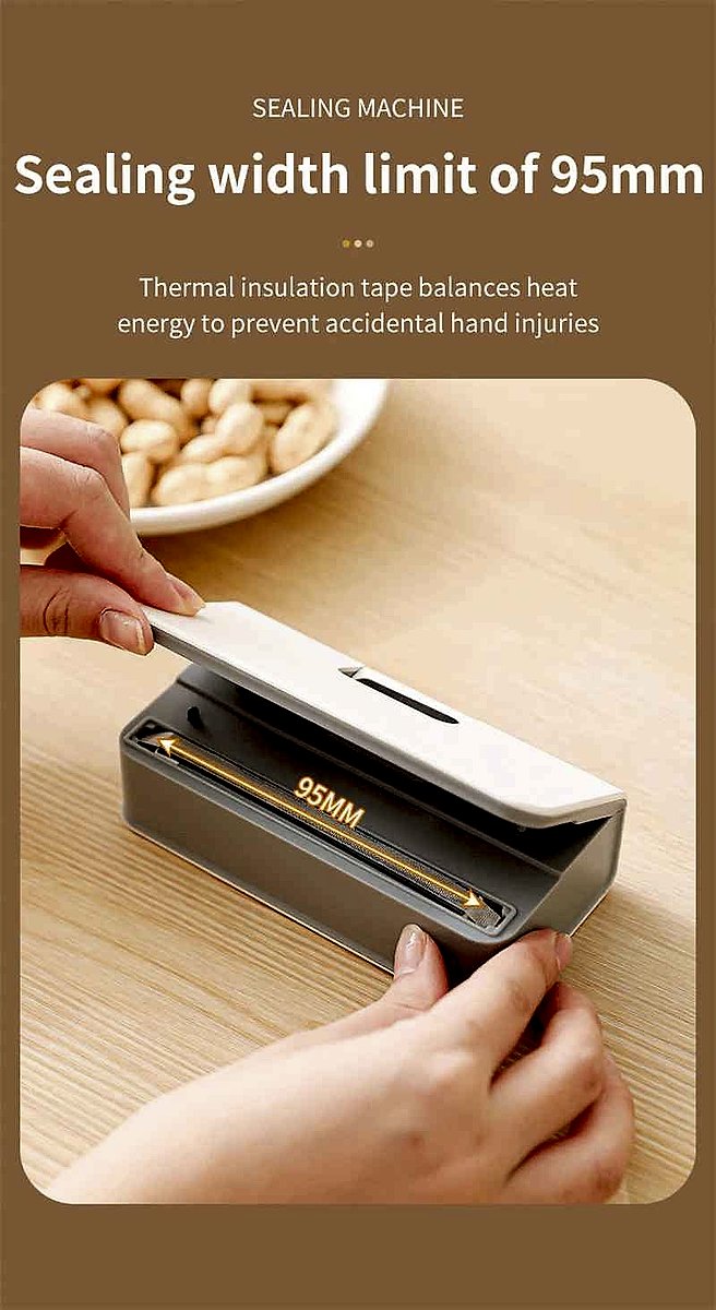 Rechargeable handheld heat sealer shown in use sealing a snack bag keeping food fresh | BigMoetsy