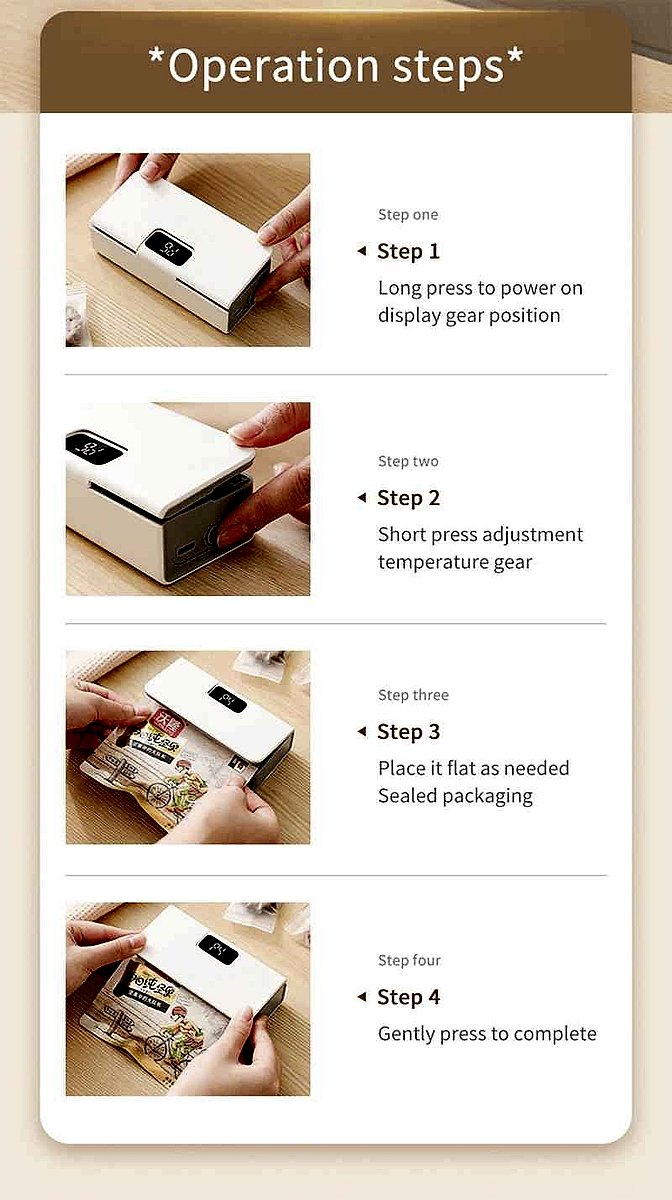 Rechargeable handheld heat sealer close-up showing charging port and LED indicator on compact white device | BigMoetsy