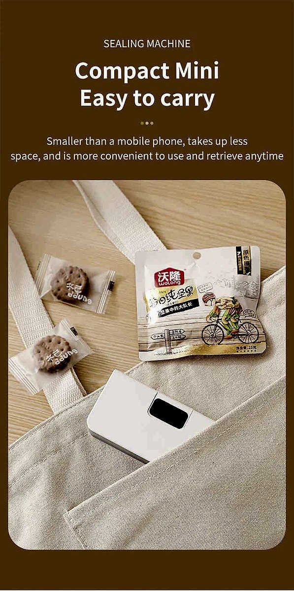 Rechargeable handheld heat sealer in use sealing a snack bag keeping food fresh and crispy | BigMoetsy