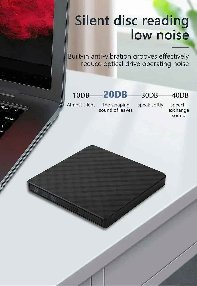 Slim external DVD CD burner with USB-C and USB 3.0 ports shown at angle on clean background | BigMoetsy