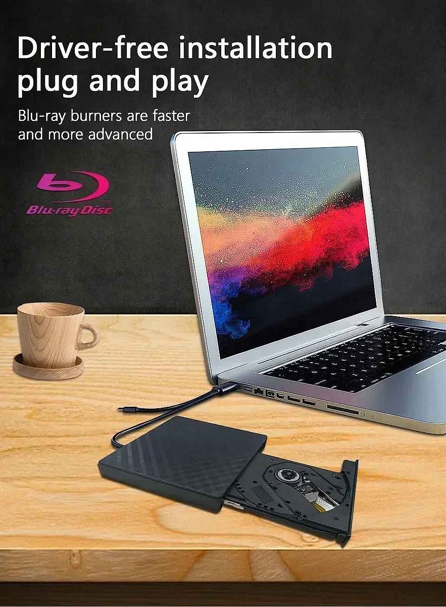 Slim external DVD CD burner with USB-C and USB 3.0 ports shown at angle on clean background | BigMoetsy