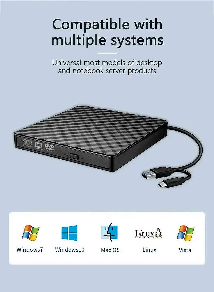 Slim external DVD CD burner with USB-C and USB 3.0 ports shown at angle on clean background | BigMoetsy