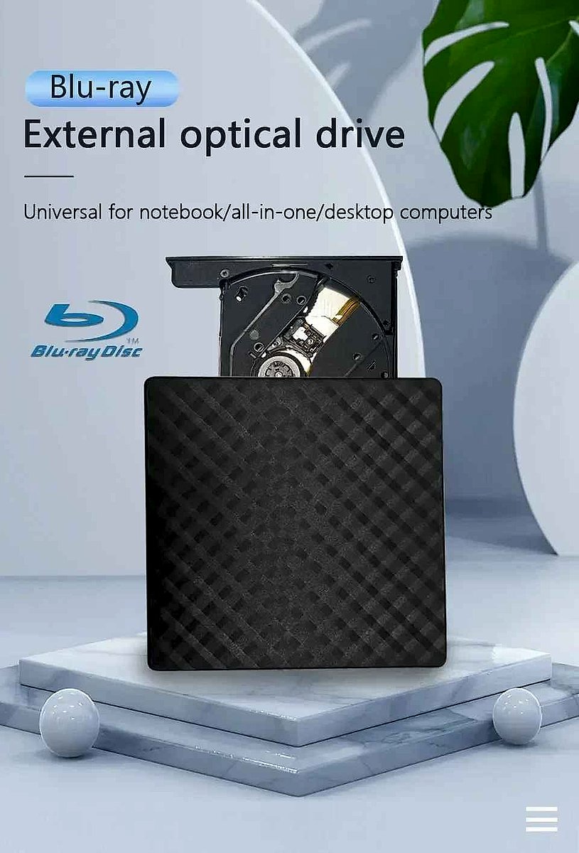 Slim external DVD CD burner with USB-C and USB 3.0 ports shown close up on clean background | BigMoetsy