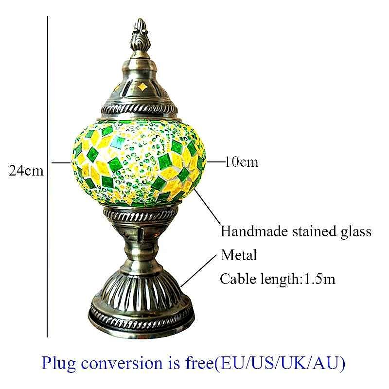 Turkish mosaic table lamp on a side table, projecting colored light patterns on the wall
