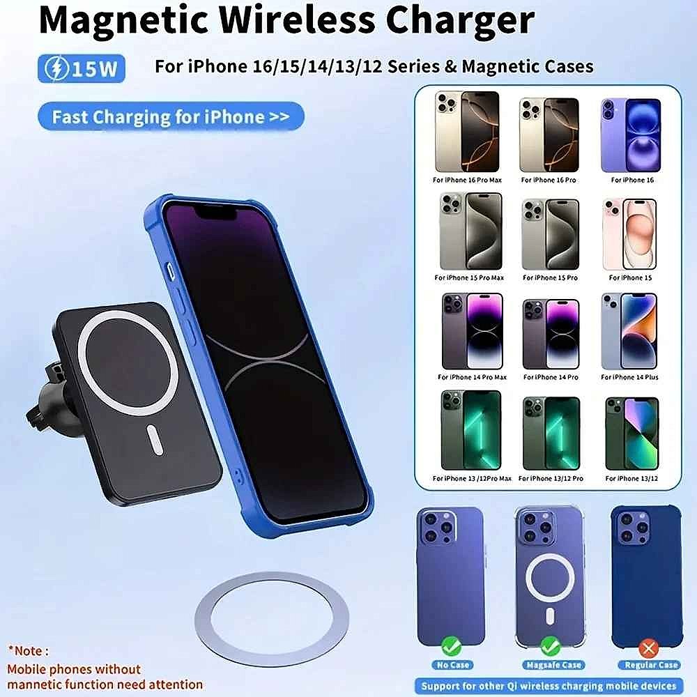 Magnetic wireless car charger mount securing a smartphone on dashboard while driving hands-free | BigMoetsy