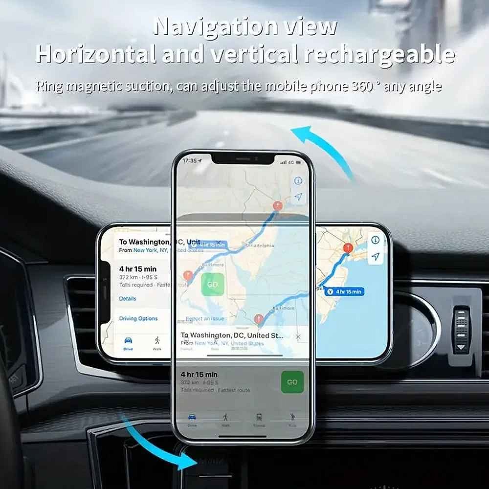 Magnetic wireless car charger mount securing smartphone on dashboard for hands-free driving | BigMoetsy