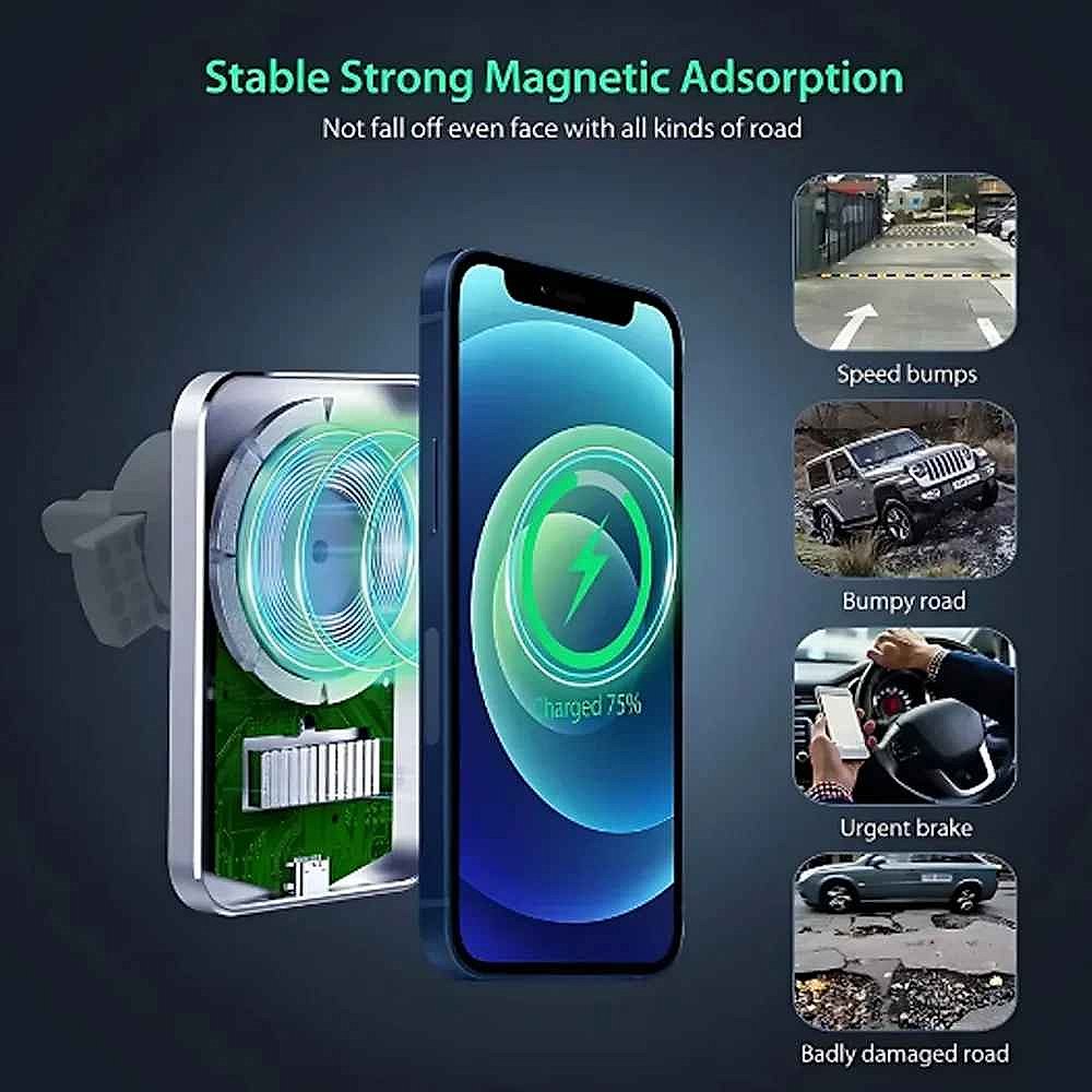 Magnetic wireless car charger mount securely holding smartphone on dashboard while driving | BigMoetsy